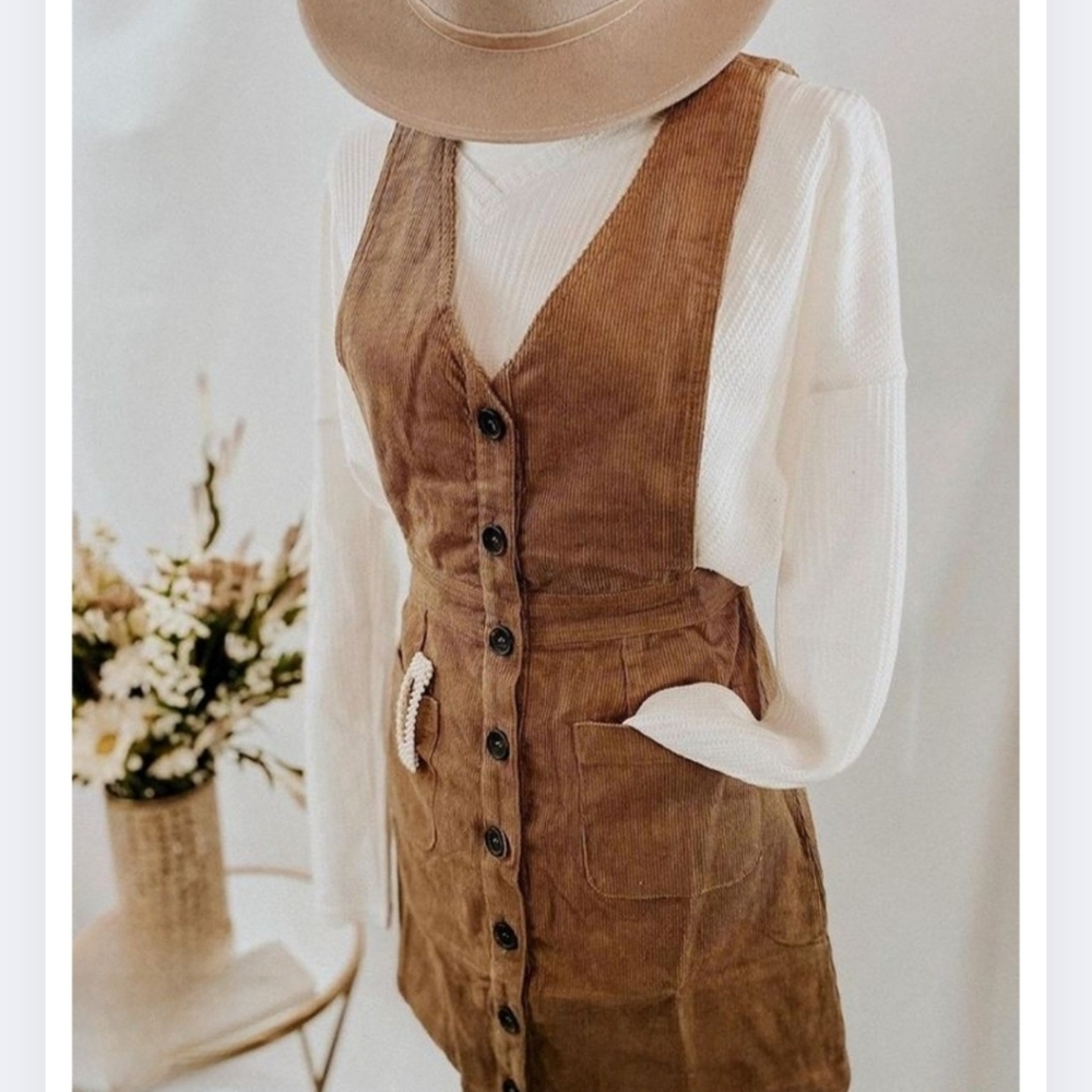 NEW Chic Soul 2X Brown Corduroy Button-Down Jumper Dress 1861-AX